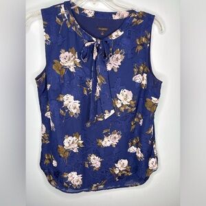 Talbots Navy & White Floral Sleeveless Blouse with Neck Tie – Size L